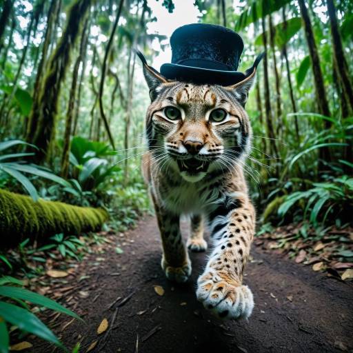 Bobcat Wearing Top Hat in Forest