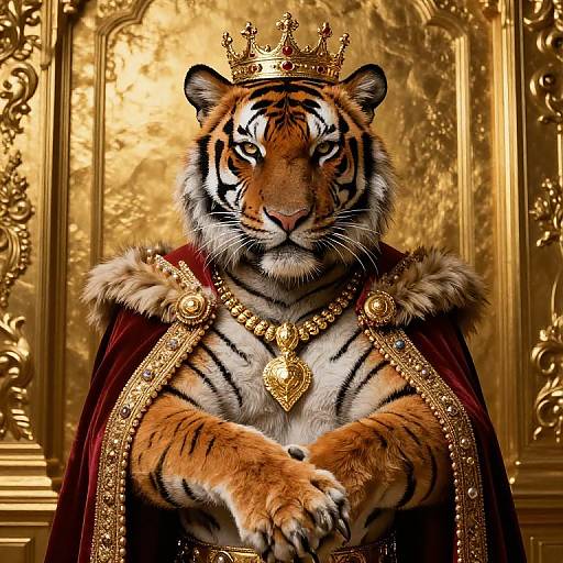 Digital art of a regal tiger with a golden crown, adorned in a rich red robe with gold embroidery, standing against an ornate, golden background