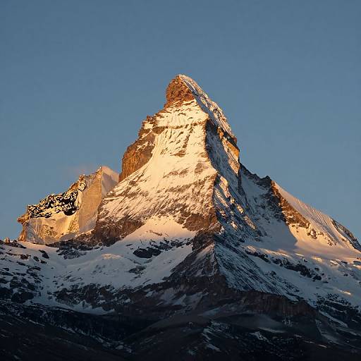 Photograph of a sunlit, snow-capped mountain peak with rugged textures, bathed in warm golden light against a clear blue sky.