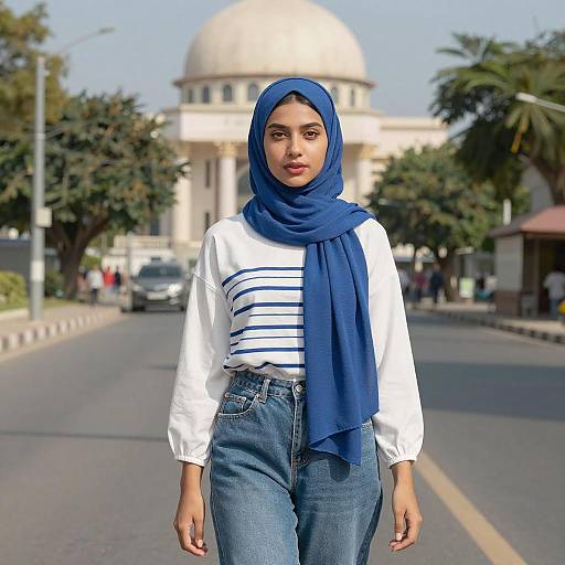 Photograph of a young woman with medium brown skin and dark eyes, wearing a blue hijab, white striped shirt, and blue jeans, standing on
