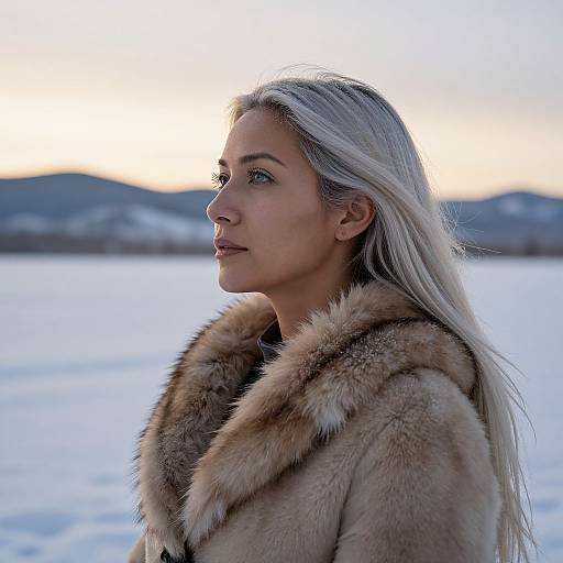 Photograph of a blonde woman with blue eyes, wearing a brown fur coat, standing in a snowy landscape at sunset.