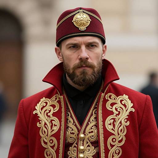 Photograph of a bearded man with intense gaze, wearing a red, gold-embroidered military-style uniform and matching cap, standing outdoors.