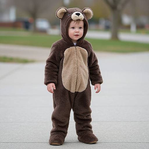 Photograph of a fair-skinned toddler in a brown bear onesie with a beige belly, standing on a suburban sidewalk.