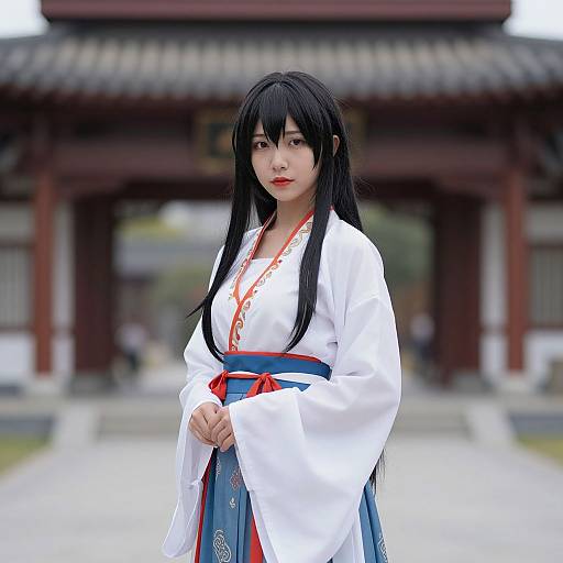 Photograph of an East Asian woman with long black hair in a traditional white and blue Japanese kimono, standing in front of a wooden shrine.