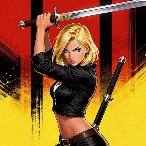 Digital comic art of a fierce blonde woman with blue eyes, holding a sword overhead, wearing a black crop top and pants, with two sheathed swords