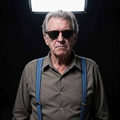 Photograph of an older white man with gray hair, wearing dark sunglasses, black button-up shirt, and blue suspenders, illuminated by a bright light
