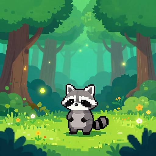 Pixel art of a cute raccoon standing in a vibrant, glowing forest with colorful flowers, trees, and floating fireflies.