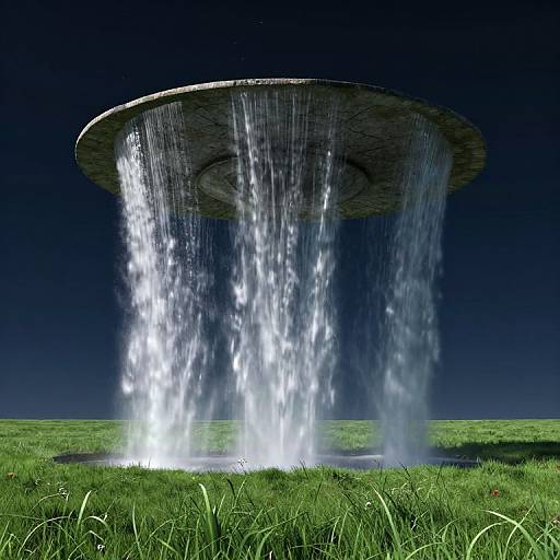 Photograph-like CGI of a UFO-like object hovering above a grassy field, with water cascading down from its circular base.