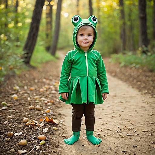 Toddler in Frog Costume on Forest Path