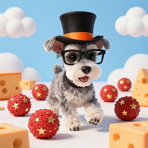 Cute digital illustration of a small, fluffy gray puppy with black glasses and a black top hat, joyfully jumping among red star-decorated ornaments
