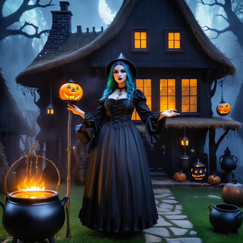 Eerie Witch with Cauldron and Cottage