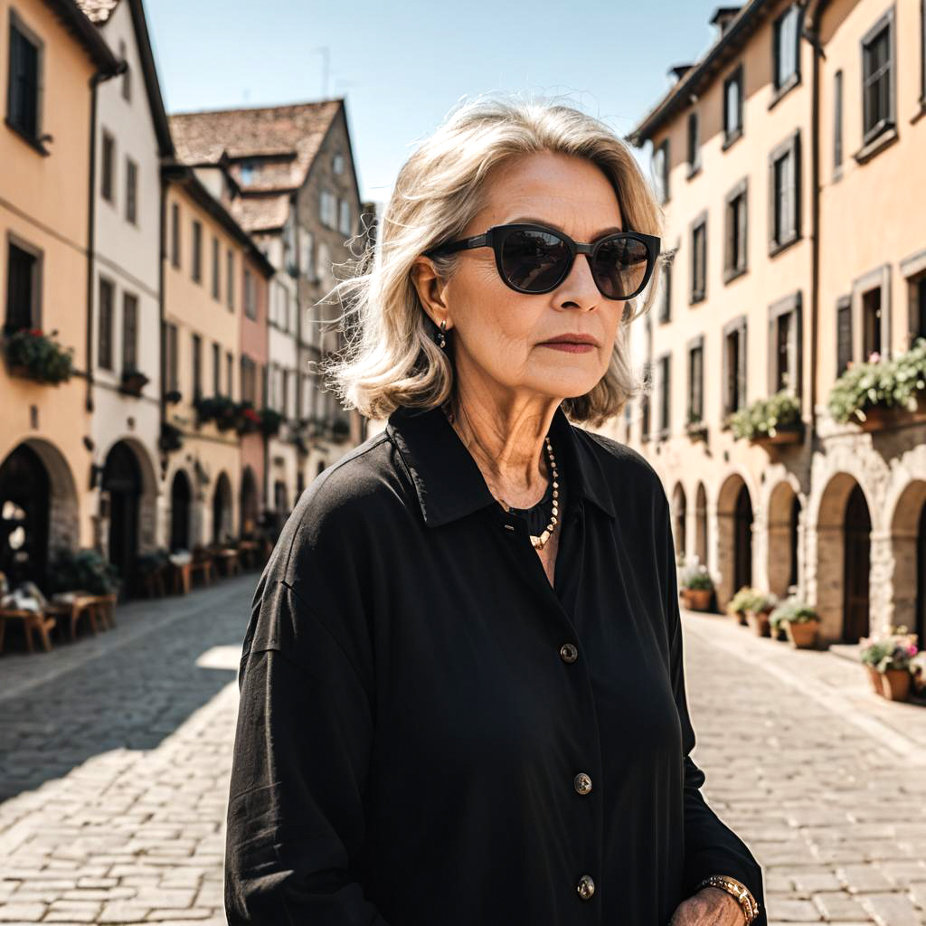 Chic Older Woman in Village Square