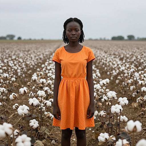 Photograph of a young African girl with dark skin and braided hair, wearing an orange dress, standing in a vast cotton field with white cotton b