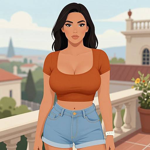 Digital art of a curvy woman with large breasts, olive skin, black hair, wearing an orange crop top and blue shorts, standing on a sun