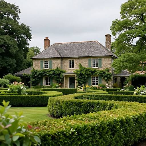 Photograph of a charming, ivy-covered, two-story stone house with a grey slate roof, surrounded by meticulously trimmed, lush green hedges and