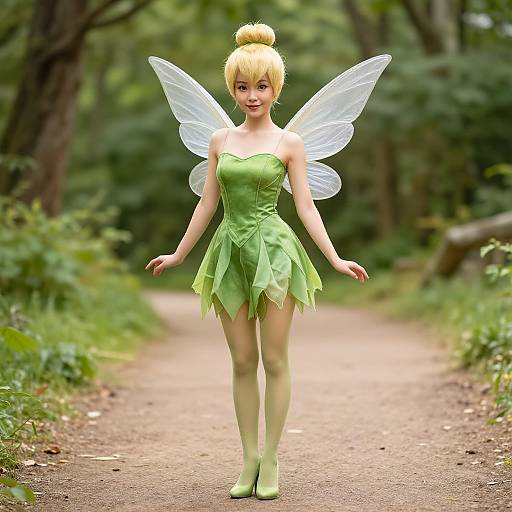 Photorealistic CGI fairy standing on a forest path; blonde hair in a bun, green dress, wings, and shoes, surrounded by greenery.