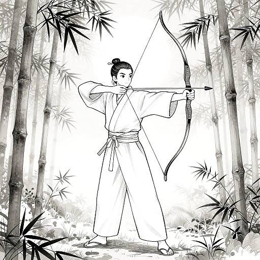 Elegant Monochrome Samurai Archer Line Art