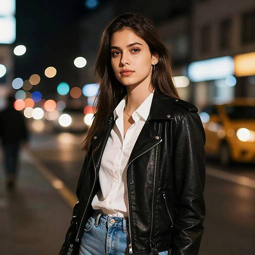 Photograph of a young woman with long dark hair, wearing a black leather jacket and white shirt, standing on a nighttime city street with blurred yellow taxis
