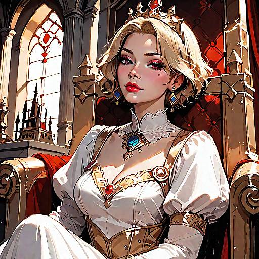 Digital art of a blonde queen with red lips, wearing a white dress with gold accents, blue gems, and a crown, seated regally in a