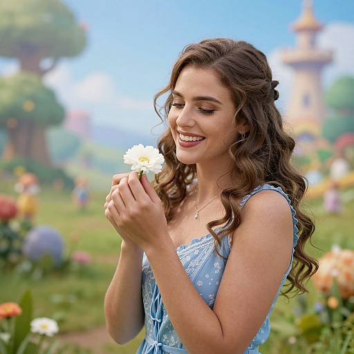 Photograph of a smiling young woman with wavy brown hair, wearing a blue floral dress, holding a white daisy in a vibrant, colorful garden