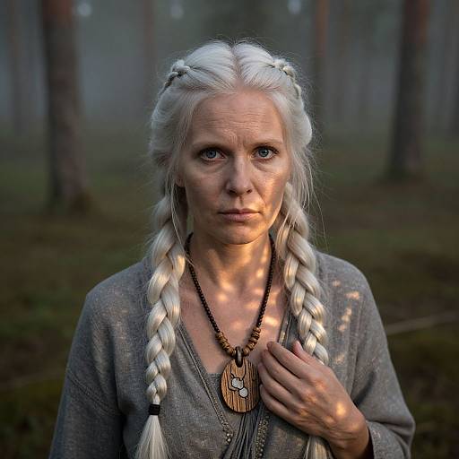 Photograph of a white-haired, middle-aged woman with braided hair, wearing a gray tunic and wooden necklace, standing in a misty forest
