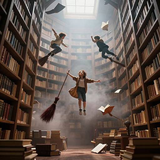 Photograph-style CGI of three children flying through a smoke-filled, towering library with bookshelves, books, and a sweeping broomstick.