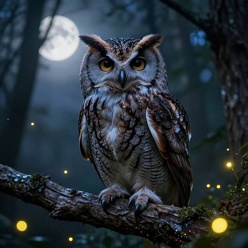 Photorealistic image of a detailed, majestic owl with striking yellow eyes perched on a branch in a dark, enchanted forest under a glowing full moon