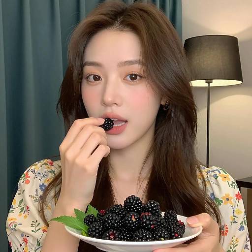 Casual Asian Woman Enjoying Blackberries