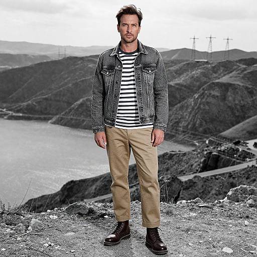 Photograph of a bearded man in a striped shirt, denim jacket, beige pants, and black boots, standing on a rocky mountain overlook with a
