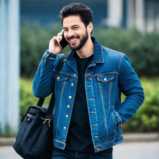Smiling man talking on phone in denim jacket