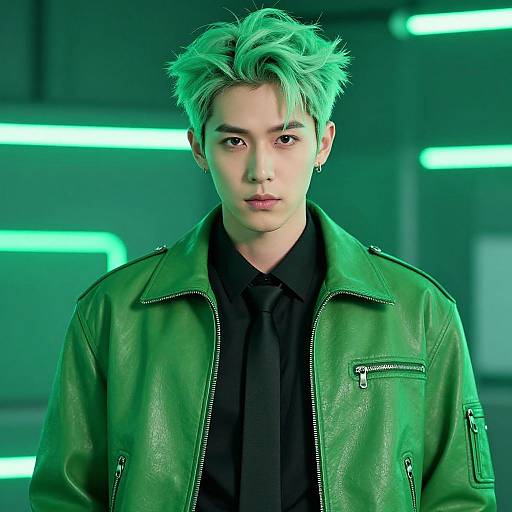 Photograph of a young man with green-dyed hair, wearing a green leather jacket over a black shirt, against a neon-lit background.