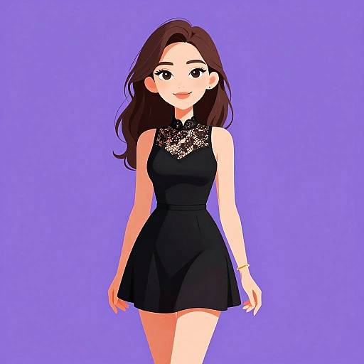 Digital anime-style drawing of a smiling young woman with long brown hair, wearing a black lace-trimmed sleeveless dress, against a solid purple background