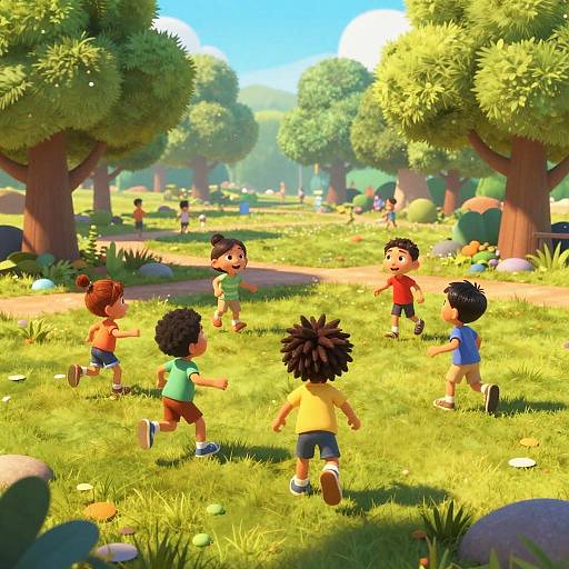 Colorful CGI image of seven animated children playing in a sunny, lush forest park with vibrant green grass and tall trees.