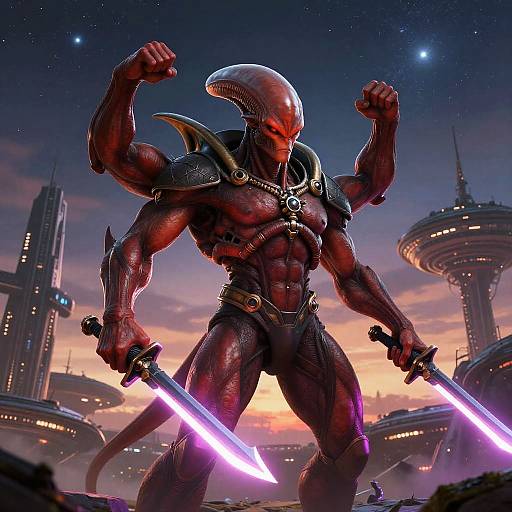 Red Four-Armed Alien Warrior with Energy Blades