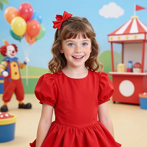 Photograph of a smiling young girl with blue eyes, wearing a red dress and bow, in a colorful, carnival-themed background with balloons and a clown