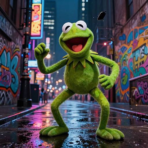 Photorealistic CGI of Kermit-like green frog puppet with wide grin, standing confidently on wet urban street at night, surrounded by colorful graffiti and glowing