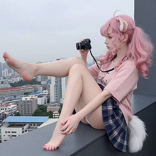 Photograph of a pink-haired, fair-skinned anime-style girl with cat ears, camera, pink shirt, plaid skirt, and white tail,