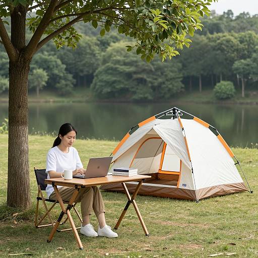 Woman Working Outdoors by Lake