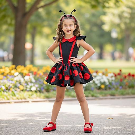 Photograph of a smiling young girl with curly brown hair, wearing a black dress with red polka dots, red suspenders, red shoes, and