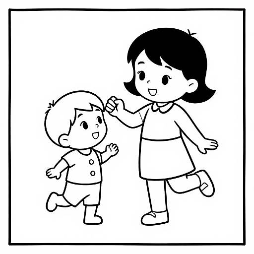 Black-and-white line drawing of a happy young girl with short black hair and a small boy, both smiling and playfully dancing.
