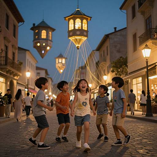 Photograph of five laughing Asian children playing with glowing string lanterns in a cobblestone European street at dusk.