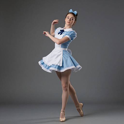 Photograph of a young woman in a blue and white Alice in Wonderland-style dress, bow in hair, ballet shoes, posing gracefully against a gray studio