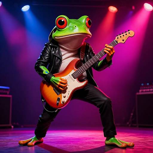 Photograph of a green frog in a black leather jacket and black pants, playing an orange electric guitar on a brightly lit stage with colorful spotlights.