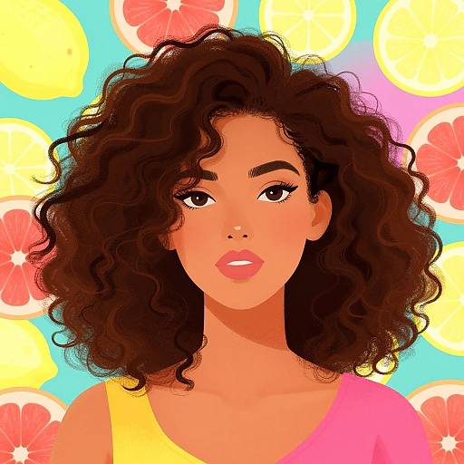 Digital illustration of a beautiful, dark-skinned woman with curly black hair, wearing a yellow and pink top, against a vibrant lemon slice background.