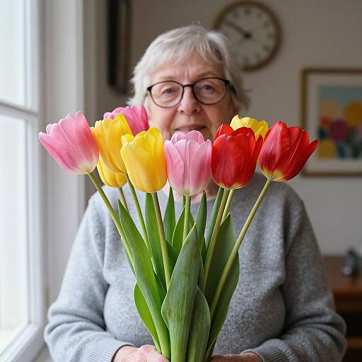 Elderly Woman with Colorful Tulips