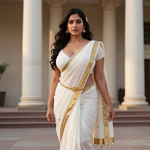 Photograph of an Indian woman with long black hair, wearing a white sari with gold trim, standing confidently in front of white columns.