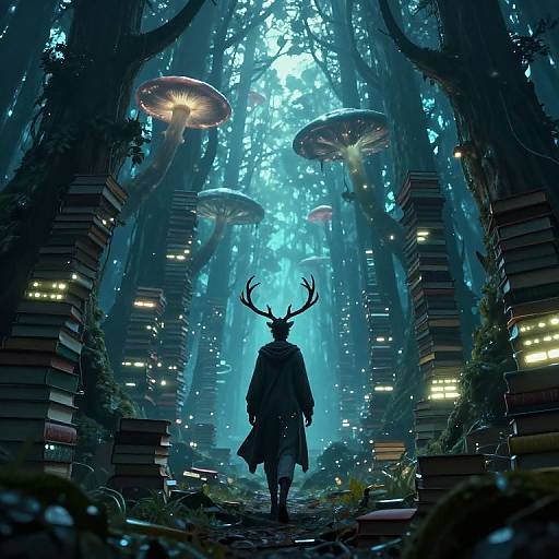 Cyberpunk Antlered Figure in Book Forest