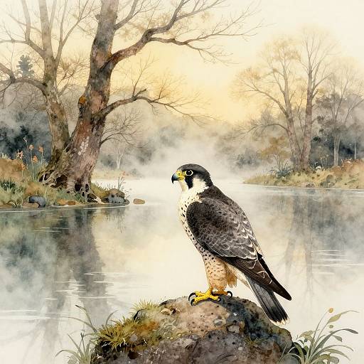 Digital painting of a black-and-white hawk standing on a rock by a serene, misty river with leafless trees in the background.