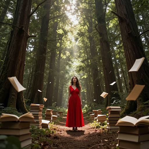 Photograph of a woman in a red dress standing in a sunlit forest, surrounded by floating and stacked open books.