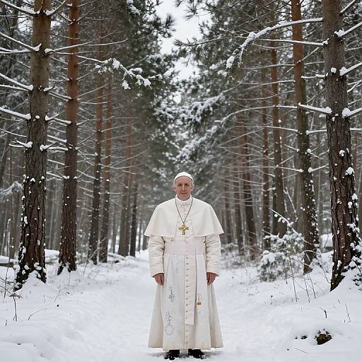 Photograph of a bald, elderly Catholic Pope in white papal robes and cross, standing in a snowy forest with tall, snow-covered pine trees.